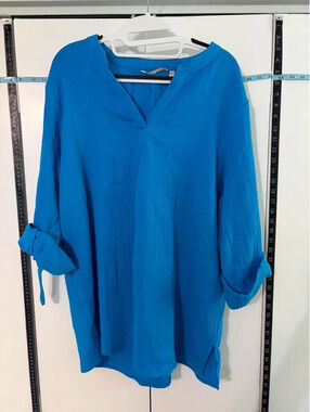 Soft Surroundings XL Blue 100% Cotton Gauze Tunic Blouse Roll Tab Sleeve NWT